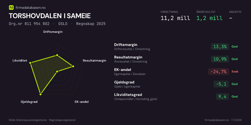 Økonomisk helseprofil for TORSHOVDALEN I SAMEIE (Org.nr 811 954 802) i OSLO. Omsetning 11,2 mill, årsresultat 1,2 mill, driftsmargin 13,3 %, resultatmargin 10,9 %, EK-andel -24,7 %, gjeldsgrad -5,1, likviditetsgrad 9,4. Regnskap 2025. Kilde: firmadatabasen.no