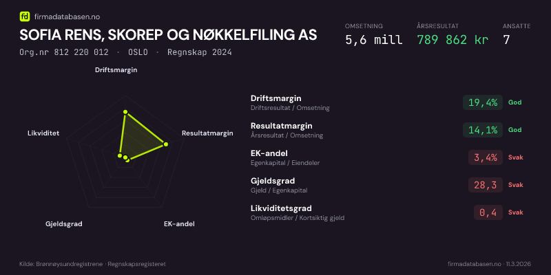 Økonomisk helseprofil for SOFIA RENS, SKOREP OG NØKKELFILING AS (Org.nr 812 220 012) i OSLO. Omsetning 5,6 mill, årsresultat 789 862 kr, driftsmargin 19,4 %, resultatmargin 14,1 %, EK-andel 3,4 %, gjeldsgrad 28,3, likviditetsgrad 0,4. Regnskap 2024. Kilde: firmadatabasen.no