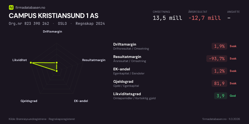Økonomisk helseprofil for CAMPUS KRISTIANSUND 1 AS (Org.nr 823 390 262) i OSLO. Omsetning 13,5 mill, årsresultat −12,7 mill, driftsmargin 1,9 %, resultatmargin -93,7 %, EK-andel 1,2 %, gjeldsgrad 81,9, likviditetsgrad 3,9. Regnskap 2024. Kilde: firmadatabasen.no