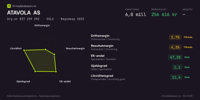 Økonomisk helseprofil for ATAVOLA AS (Org.nr 827 259 292) i OSLO. Omsetning 6,0 mill, årsresultat 256 616 kr, driftsmargin 3,7 %, resultatmargin 4,3 %, EK-andel 47,2 %, gjeldsgrad 1,1, likviditetsgrad 11,4. Regnskap 2025. Kilde: firmadatabasen.no