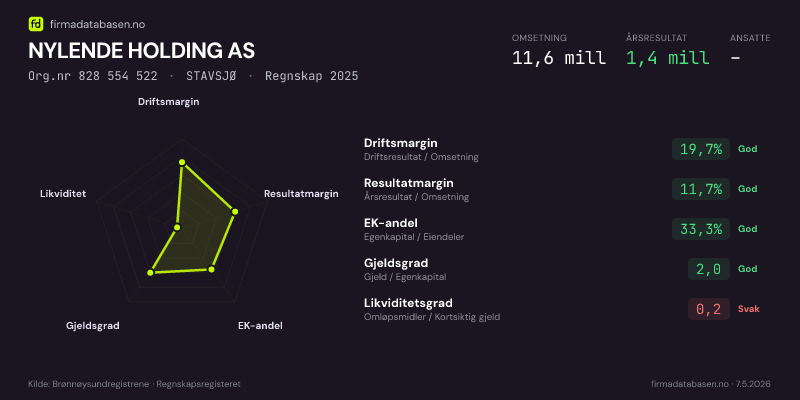 Økonomisk helseprofil for NYLENDE HOLDING AS (Org.nr 828 554 522) i STAVSJØ. Omsetning 11,6 mill, årsresultat 1,4 mill, driftsmargin 19,7 %, resultatmargin 11,7 %, EK-andel 33,3 %, gjeldsgrad 2,0, likviditetsgrad 0,2. Regnskap 2025. Kilde: firmadatabasen.no