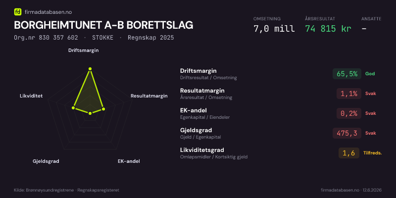 Økonomisk helseprofil for BORGHEIMTUNET A-B BORETTSLAG (Org.nr 830 357 602) i STOKKE. Omsetning 7,0 mill, årsresultat 74 815 kr, driftsmargin 65,5 %, resultatmargin 1,1 %, EK-andel 0,2 %, gjeldsgrad 475,3, likviditetsgrad 1,6. Regnskap 2025. Kilde: firmadatabasen.no