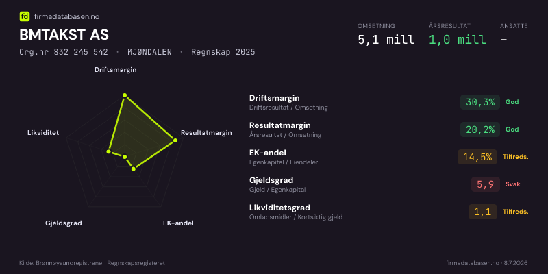 Økonomisk helseprofil for BMTAKST AS (Org.nr 832 245 542) i MJØNDALEN. Omsetning 5,1 mill, årsresultat 1,0 mill, driftsmargin 30,3 %, resultatmargin 20,2 %, EK-andel 14,5 %, gjeldsgrad 5,9, likviditetsgrad 1,1. Regnskap 2025. Kilde: firmadatabasen.no