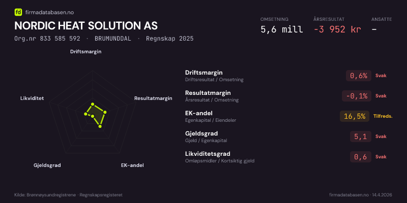 Økonomisk helseprofil for NORDIC HEAT SOLUTION AS (Org.nr 833 585 592) i BRUMUNDDAL. Omsetning 5,6 mill, årsresultat −3 952 kr, driftsmargin 0,6 %, resultatmargin -0,1 %, EK-andel 16,5 %, gjeldsgrad 5,1, likviditetsgrad 0,6. Regnskap 2025. Kilde: firmadatabasen.no