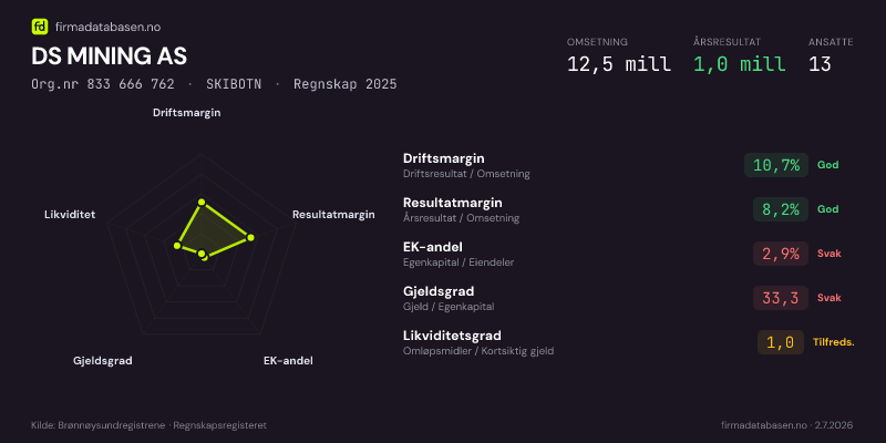Økonomisk helseprofil for DS MINING AS (Org.nr 833 666 762) i SKIBOTN. Omsetning 12,5 mill, årsresultat 1,0 mill, driftsmargin 10,7 %, resultatmargin 8,2 %, EK-andel 2,9 %, gjeldsgrad 33,3, likviditetsgrad 1,0. Regnskap 2025. Kilde: firmadatabasen.no