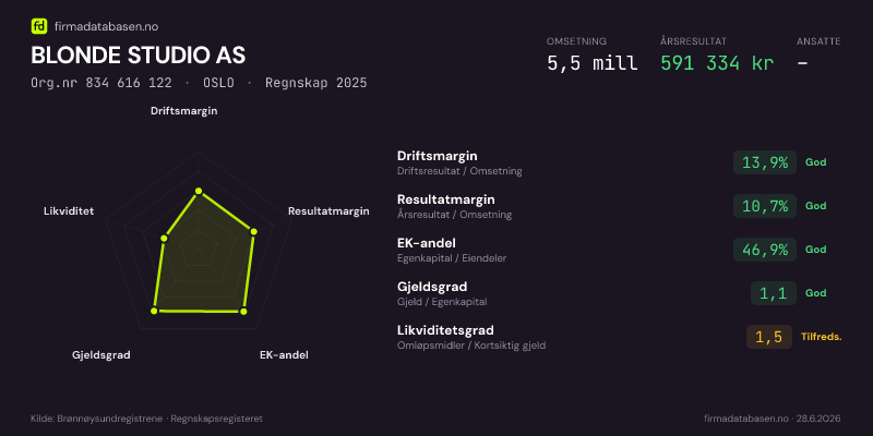 Økonomisk helseprofil for BLONDE STUDIO AS (Org.nr 834 616 122) i OSLO. Omsetning 5,5 mill, årsresultat 591 334 kr, driftsmargin 13,9 %, resultatmargin 10,7 %, EK-andel 46,9 %, gjeldsgrad 1,1, likviditetsgrad 1,5. Regnskap 2025. Kilde: firmadatabasen.no