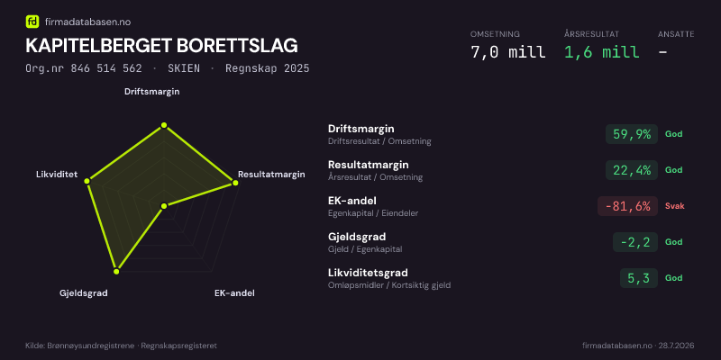Økonomisk helseprofil for KAPITELBERGET BORETTSLAG (Org.nr 846 514 562) i SKIEN. Omsetning 7,0 mill, årsresultat 1,6 mill, driftsmargin 59,9 %, resultatmargin 22,4 %, EK-andel -81,6 %, gjeldsgrad -2,2, likviditetsgrad 5,3. Regnskap 2025. Kilde: firmadatabasen.no