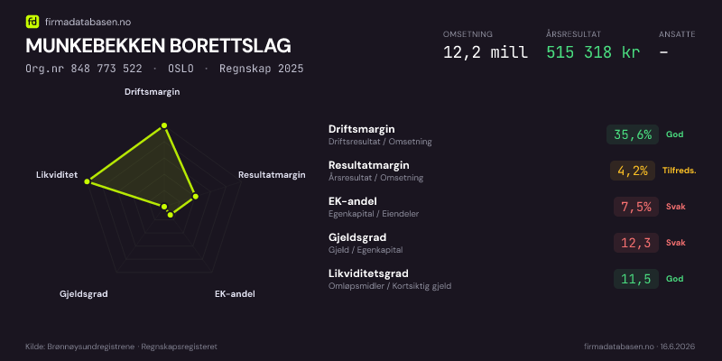 Økonomisk helseprofil for MUNKEBEKKEN BORETTSLAG (Org.nr 848 773 522) i OSLO. Omsetning 12,2 mill, årsresultat 515 318 kr, driftsmargin 35,6 %, resultatmargin 4,2 %, EK-andel 7,5 %, gjeldsgrad 12,3, likviditetsgrad 11,5. Regnskap 2025. Kilde: firmadatabasen.no