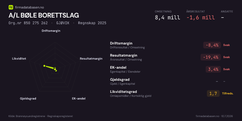 Økonomisk helseprofil for A/L BØLE BORETTSLAG (Org.nr 850 275 262) i GJØVIK. Omsetning 8,4 mill, årsresultat −1,6 mill, driftsmargin -8,4 %, resultatmargin -19,4 %, EK-andel 3,4 %, gjeldsgrad –, likviditetsgrad 1,7. Regnskap 2025. Kilde: firmadatabasen.no