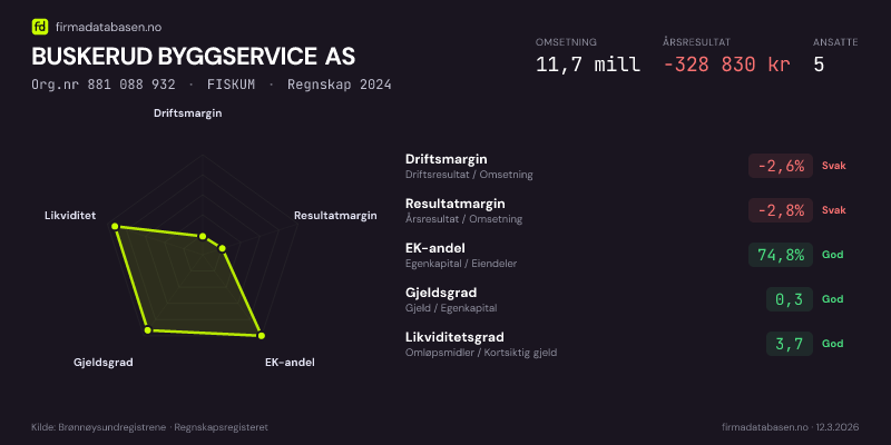 Økonomisk helseprofil for BUSKERUD BYGGSERVICE AS (Org.nr 881 088 932) i FISKUM. Omsetning 11,7 mill, årsresultat −328 830 kr, driftsmargin -2,6 %, resultatmargin -2,8 %, EK-andel 74,8 %, gjeldsgrad 0,3, likviditetsgrad 3,7. Regnskap 2024. Kilde: firmadatabasen.no