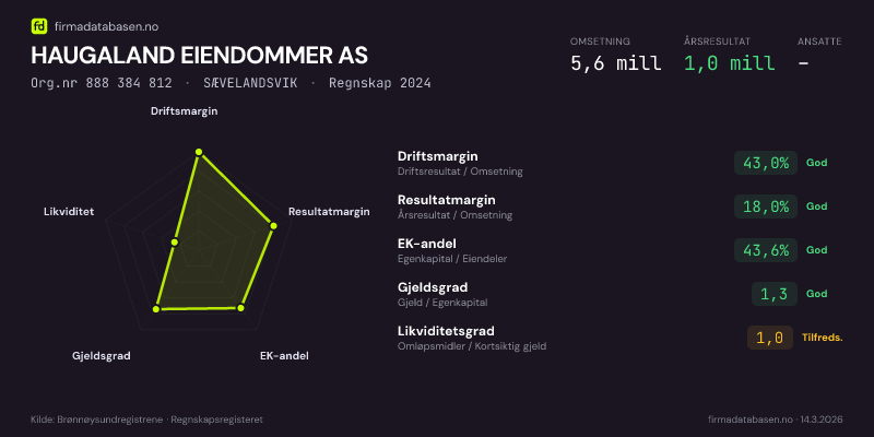Økonomisk helseprofil for HAUGALAND EIENDOMMER AS (Org.nr 888 384 812) i SÆVELANDSVIK. Omsetning 5,6 mill, årsresultat 1,0 mill, driftsmargin 43,0 %, resultatmargin 18,0 %, EK-andel 43,6 %, gjeldsgrad 1,3, likviditetsgrad 1,0. Regnskap 2024. Kilde: firmadatabasen.no