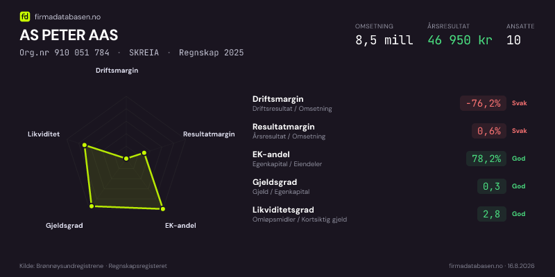 Økonomisk helseprofil for AS PETER AAS (Org.nr 910 051 784) i SKREIA. Omsetning 8,5 mill, årsresultat 46 950 kr, driftsmargin -76,2 %, resultatmargin 0,6 %, EK-andel 78,2 %, gjeldsgrad 0,3, likviditetsgrad 2,8. Regnskap 2025. Kilde: firmadatabasen.no
