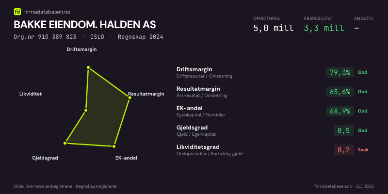 Økonomisk helseprofil for BAKKE EIENDOM. HALDEN AS (Org.nr 910 389 823) i OSLO. Omsetning 5,0 mill, årsresultat 3,3 mill, driftsmargin 79,3 %, resultatmargin 65,6 %, EK-andel 68,9 %, gjeldsgrad 0,5, likviditetsgrad 0,2. Regnskap 2024. Kilde: firmadatabasen.no