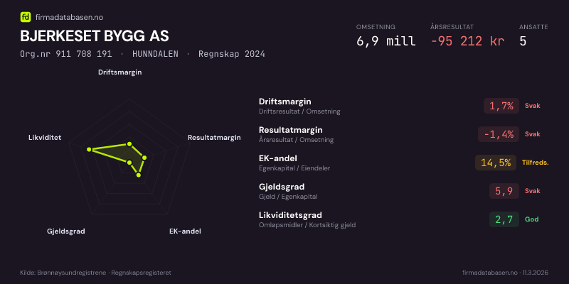 Økonomisk helseprofil for BJERKESET BYGG AS (Org.nr 911 708 191) i HUNNDALEN. Omsetning 6,9 mill, årsresultat −95 212 kr, driftsmargin 1,7 %, resultatmargin -1,4 %, EK-andel 14,5 %, gjeldsgrad 5,9, likviditetsgrad 2,7. Regnskap 2024. Kilde: firmadatabasen.no