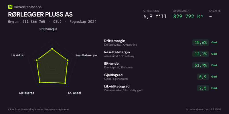 Økonomisk helseprofil for RØRLEGGER PLUSS AS (Org.nr 911 866 765) i OSLO. Omsetning 6,9 mill, årsresultat 829 792 kr, driftsmargin 15,6 %, resultatmargin 12,1 %, EK-andel 51,7 %, gjeldsgrad 0,9, likviditetsgrad 2,5. Regnskap 2024. Kilde: firmadatabasen.no