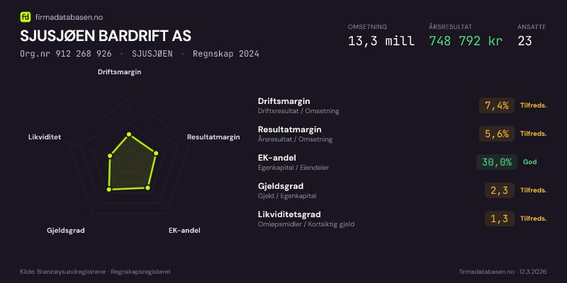 Økonomisk helseprofil for SJUSJØEN BARDRIFT AS (Org.nr 912 268 926) i SJUSJØEN. Omsetning 13,3 mill, årsresultat 748 792 kr, driftsmargin 7,4 %, resultatmargin 5,6 %, EK-andel 30,0 %, gjeldsgrad 2,3, likviditetsgrad 1,3. Regnskap 2024. Kilde: firmadatabasen.no