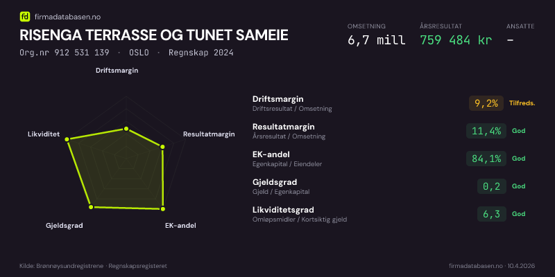 Økonomisk helseprofil for RISENGA TERRASSE OG TUNET SAMEIE (Org.nr 912 531 139) i OSLO. Omsetning 6,7 mill, årsresultat 759 484 kr, driftsmargin 9,2 %, resultatmargin 11,4 %, EK-andel 84,1 %, gjeldsgrad 0,2, likviditetsgrad 6,3. Regnskap 2024. Kilde: firmadatabasen.no