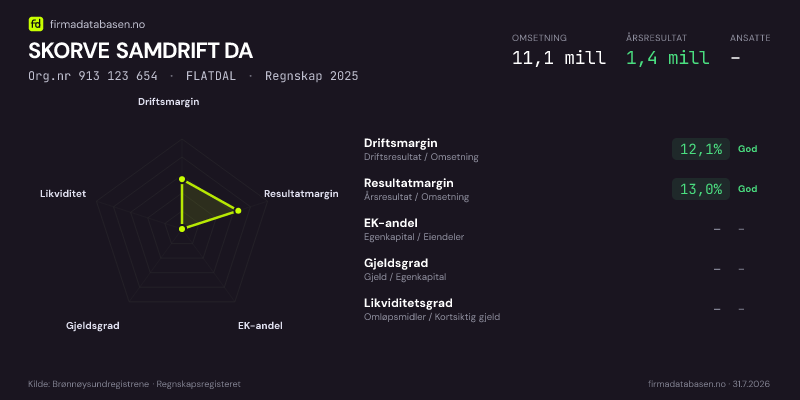 Økonomisk helseprofil for SKORVE SAMDRIFT DA (Org.nr 913 123 654) i FLATDAL. Omsetning 11,1 mill, årsresultat 1,4 mill, driftsmargin 12,1 %, resultatmargin 13,0 %, EK-andel –, gjeldsgrad –, likviditetsgrad –. Regnskap 2025. Kilde: firmadatabasen.no