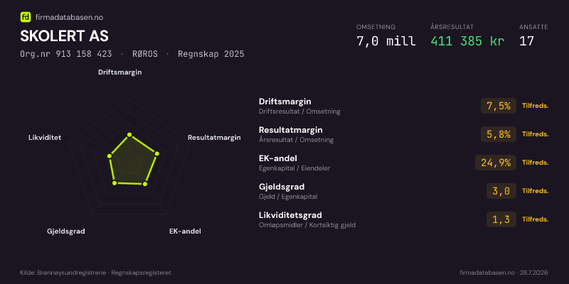 Økonomisk helseprofil for SKOLERT AS (Org.nr 913 158 423) i RØROS. Omsetning 7,0 mill, årsresultat 411 385 kr, driftsmargin 7,5 %, resultatmargin 5,8 %, EK-andel 24,9 %, gjeldsgrad 3,0, likviditetsgrad 1,3. Regnskap 2025. Kilde: firmadatabasen.no