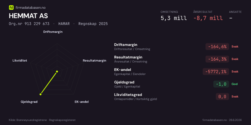 Økonomisk helseprofil for HEMMAT AS (Org.nr 913 229 673) i HAMAR. Omsetning 5,3 mill, årsresultat −8,7 mill, driftsmargin -164,6 %, resultatmargin -164,3 %, EK-andel -5772,1 %, gjeldsgrad -1,0, likviditetsgrad 0,0. Regnskap 2025. Kilde: firmadatabasen.no