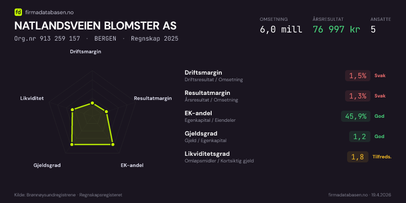 Økonomisk helseprofil for NATLANDSVEIEN BLOMSTER AS (Org.nr 913 259 157) i BERGEN. Omsetning 6,0 mill, årsresultat 76 997 kr, driftsmargin 1,5 %, resultatmargin 1,3 %, EK-andel 45,9 %, gjeldsgrad 1,2, likviditetsgrad 1,8. Regnskap 2025. Kilde: firmadatabasen.no