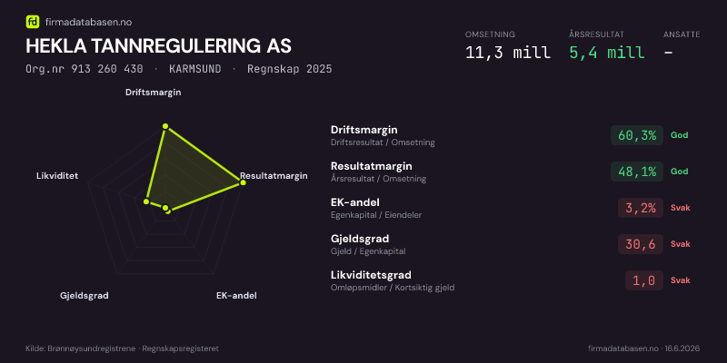 Økonomisk helseprofil for HEKLA TANNREGULERING AS (Org.nr 913 260 430) i KARMSUND. Omsetning 9,9 mill, årsresultat 5,1 mill, driftsmargin 63,9 %, resultatmargin 51,0 %, EK-andel 3,3 %, gjeldsgrad 29,7, likviditetsgrad 1,0. Regnskap 2024. Kilde: firmadatabasen.no