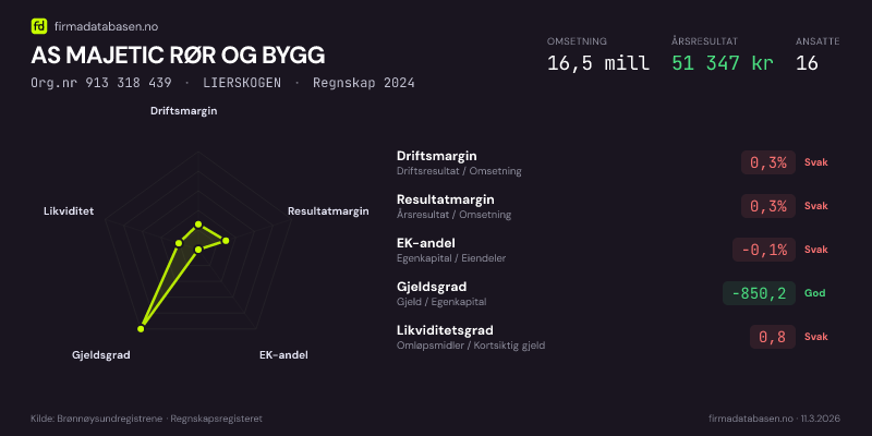 Økonomisk helseprofil for AS MAJETIC RØR OG BYGG (Org.nr 913 318 439) i LIERSKOGEN. Omsetning 16,5 mill, årsresultat 51 347 kr, driftsmargin 0,3 %, resultatmargin 0,3 %, EK-andel -0,1 %, gjeldsgrad -850,2, likviditetsgrad 0,8. Regnskap 2024. Kilde: firmadatabasen.no