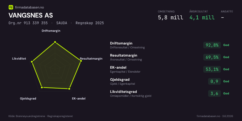Økonomisk helseprofil for VANGSNES AS (Org.nr 913 339 355) i SAUDA. Omsetning 5,8 mill, årsresultat 4,1 mill, driftsmargin 92,8 %, resultatmargin 69,5 %, EK-andel 53,1 %, gjeldsgrad 0,9, likviditetsgrad 3,6. Regnskap 2025. Kilde: firmadatabasen.no