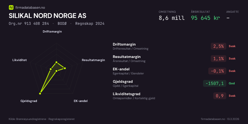 Økonomisk helseprofil for SILIKAL NORD NORGE AS (Org.nr 913 408 284) i BODØ. Omsetning 8,6 mill, årsresultat 95 645 kr, driftsmargin 2,5 %, resultatmargin 1,1 %, EK-andel -0,1 %, gjeldsgrad -1507,1, likviditetsgrad 0,9. Regnskap 2024. Kilde: firmadatabasen.no