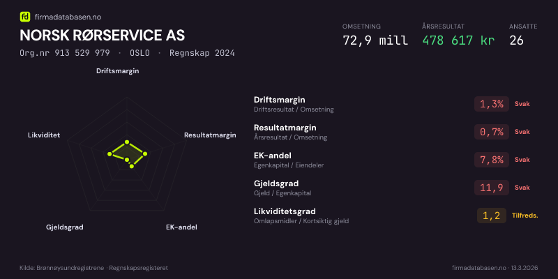 Økonomisk helseprofil for NORSK RØRSERVICE AS (Org.nr 913 529 979) i OSLO. Omsetning 72,9 mill, årsresultat 478 617 kr, driftsmargin 1,3 %, resultatmargin 0,7 %, EK-andel 7,8 %, gjeldsgrad 11,9, likviditetsgrad 1,2. Regnskap 2024. Kilde: firmadatabasen.no