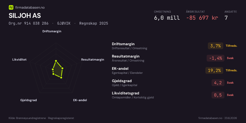 Økonomisk helseprofil for SILJOH AS (Org.nr 914 038 286) i GJØVIK. Omsetning 6,0 mill, årsresultat −85 697 kr, driftsmargin 3,7 %, resultatmargin -1,4 %, EK-andel 19,2 %, gjeldsgrad 4,2, likviditetsgrad 0,5. Regnskap 2025. Kilde: firmadatabasen.no