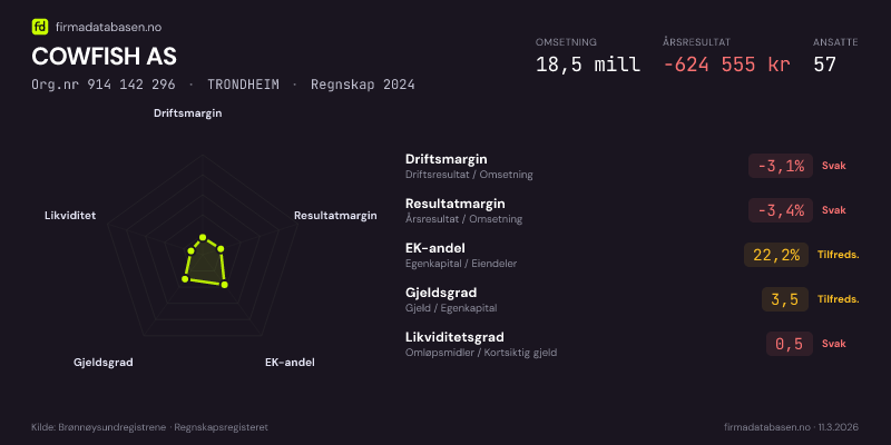 Økonomisk helseprofil for COWFISH AS (Org.nr 914 142 296) i TRONDHEIM. Omsetning 18,5 mill, årsresultat −624 555 kr, driftsmargin -3,1 %, resultatmargin -3,4 %, EK-andel 22,2 %, gjeldsgrad 3,5, likviditetsgrad 0,5. Regnskap 2024. Kilde: firmadatabasen.no