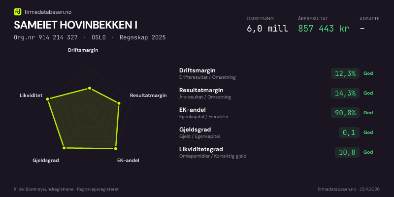 Økonomisk helseprofil for SAMEIET HOVINBEKKEN I (Org.nr 914 214 327) i OSLO. Omsetning 6,0 mill, årsresultat 857 443 kr, driftsmargin 12,3 %, resultatmargin 14,3 %, EK-andel 90,8 %, gjeldsgrad 0,1, likviditetsgrad 10,8. Regnskap 2025. Kilde: firmadatabasen.no