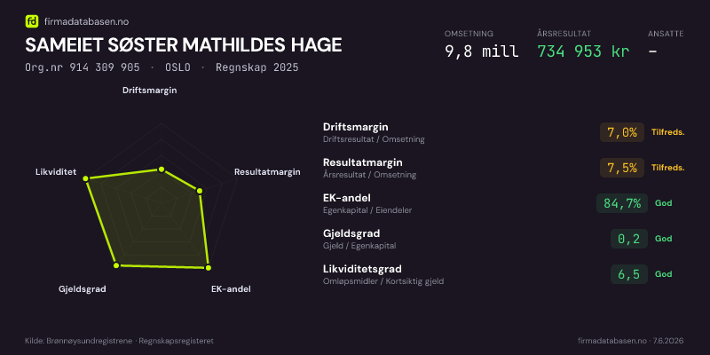 Økonomisk helseprofil for SAMEIET SØSTER MATHILDES HAGE (Org.nr 914 309 905) i OSLO. Omsetning 9,8 mill, årsresultat 734 953 kr, driftsmargin 7,0 %, resultatmargin 7,5 %, EK-andel 84,7 %, gjeldsgrad 0,2, likviditetsgrad 6,5. Regnskap 2025. Kilde: firmadatabasen.no