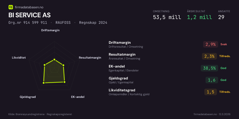 Økonomisk helseprofil for BI SERVICE AS (Org.nr 914 599 911) i RAUFOSS. Omsetning 53,5 mill, årsresultat 1,2 mill, driftsmargin 2,9 %, resultatmargin 2,3 %, EK-andel 38,5 %, gjeldsgrad 1,6, likviditetsgrad 1,5. Regnskap 2024. Kilde: firmadatabasen.no