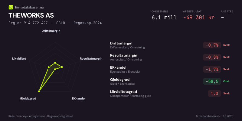 Økonomisk helseprofil for THEWORKS AS (Org.nr 914 772 427) i OSLO. Omsetning 6,1 mill, årsresultat −49 301 kr, driftsmargin -0,7 %, resultatmargin -0,8 %, EK-andel -1,7 %, gjeldsgrad -58,5, likviditetsgrad 1,0. Regnskap 2024. Kilde: firmadatabasen.no
