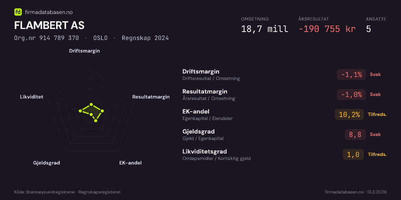 Økonomisk helseprofil for FLAMBERT AS (Org.nr 914 789 370) i OSLO. Omsetning 18,7 mill, årsresultat −190 755 kr, driftsmargin -1,1 %, resultatmargin -1,0 %, EK-andel 10,2 %, gjeldsgrad 8,8, likviditetsgrad 1,0. Regnskap 2024. Kilde: firmadatabasen.no