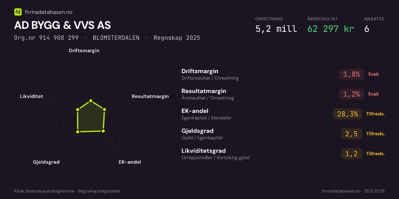 Økonomisk helseprofil for AD BYGG & VVS AS (Org.nr 914 908 299) i BLOMSTERDALEN. Omsetning 5,2 mill, årsresultat 62 297 kr, driftsmargin 1,8 %, resultatmargin 1,2 %, EK-andel 28,3 %, gjeldsgrad 2,5, likviditetsgrad 1,2. Regnskap 2025. Kilde: firmadatabasen.no