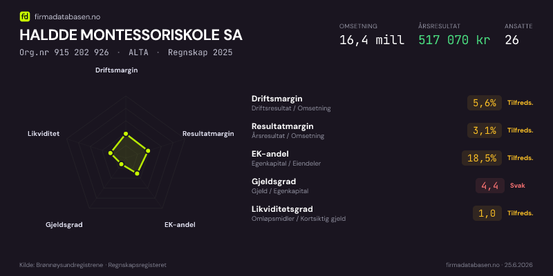 Økonomisk helseprofil for HALDDE MONTESSORISKOLE SA (Org.nr 915 202 926) i ALTA. Omsetning 16,4 mill, årsresultat 517 070 kr, driftsmargin 5,6 %, resultatmargin 3,1 %, EK-andel 18,5 %, gjeldsgrad 4,4, likviditetsgrad 1,0. Regnskap 2025. Kilde: firmadatabasen.no