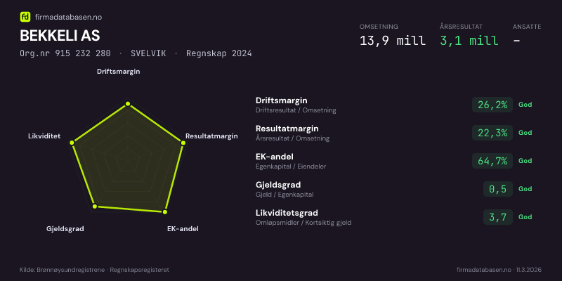 Økonomisk helseprofil for BEKKELI AS (Org.nr 915 232 280) i SVELVIK. Omsetning 13,9 mill, årsresultat 3,1 mill, driftsmargin 26,2 %, resultatmargin 22,3 %, EK-andel 64,7 %, gjeldsgrad 0,5, likviditetsgrad 3,7. Regnskap 2024. Kilde: firmadatabasen.no