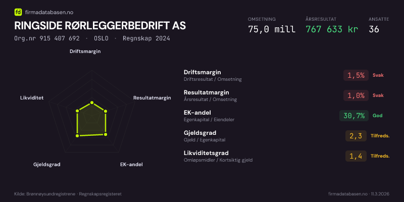 Økonomisk helseprofil for RINGSIDE RØRLEGGERBEDRIFT AS (Org.nr 915 407 692) i OSLO. Omsetning 75,0 mill, årsresultat 767 633 kr, driftsmargin 1,5 %, resultatmargin 1,0 %, EK-andel 30,7 %, gjeldsgrad 2,3, likviditetsgrad 1,4. Regnskap 2024. Kilde: firmadatabasen.no