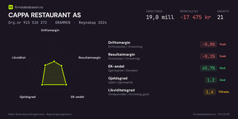 Økonomisk helseprofil for CAPPA RESTAURANT AS (Org.nr 915 510 272) i DRAMMEN. Omsetning 19,0 mill, årsresultat −17 475 kr, driftsmargin -0,0 %, resultatmargin -0,1 %, EK-andel 45,7 %, gjeldsgrad 1,2, likviditetsgrad 1,4. Regnskap 2024. Kilde: firmadatabasen.no