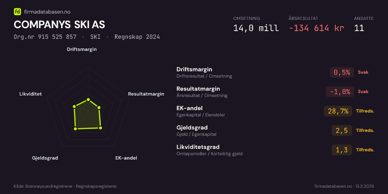Økonomisk helseprofil for COMPANYS SKI AS (Org.nr 915 525 857) i SKI. Omsetning 14,0 mill, årsresultat −134 614 kr, driftsmargin 0,5 %, resultatmargin -1,0 %, EK-andel 28,7 %, gjeldsgrad 2,5, likviditetsgrad 1,3. Regnskap 2024. Kilde: firmadatabasen.no