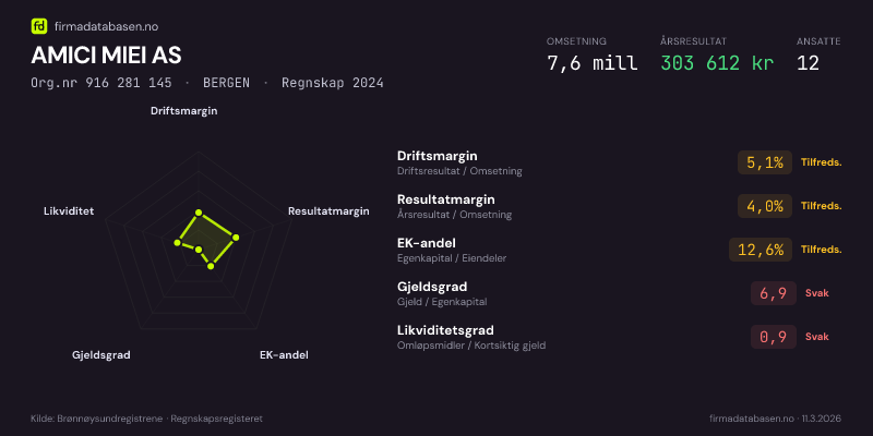 Økonomisk helseprofil for AMICI MIEI AS (Org.nr 916 281 145) i BERGEN. Omsetning 7,6 mill, årsresultat 303 612 kr, driftsmargin 5,1 %, resultatmargin 4,0 %, EK-andel 12,6 %, gjeldsgrad 6,9, likviditetsgrad 0,9. Regnskap 2024. Kilde: firmadatabasen.no