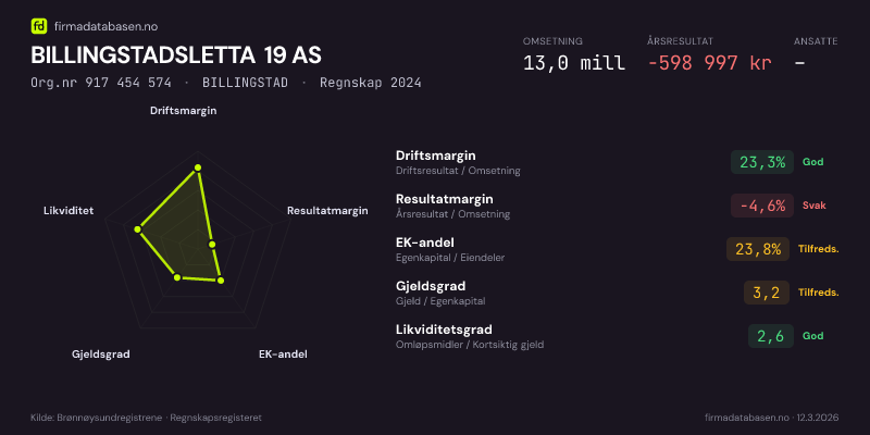 Økonomisk helseprofil for BILLINGSTADSLETTA 19 AS (Org.nr 917 454 574) i BILLINGSTAD. Omsetning 13,0 mill, årsresultat −598 997 kr, driftsmargin 23,3 %, resultatmargin -4,6 %, EK-andel 23,8 %, gjeldsgrad 3,2, likviditetsgrad 2,6. Regnskap 2024. Kilde: firmadatabasen.no