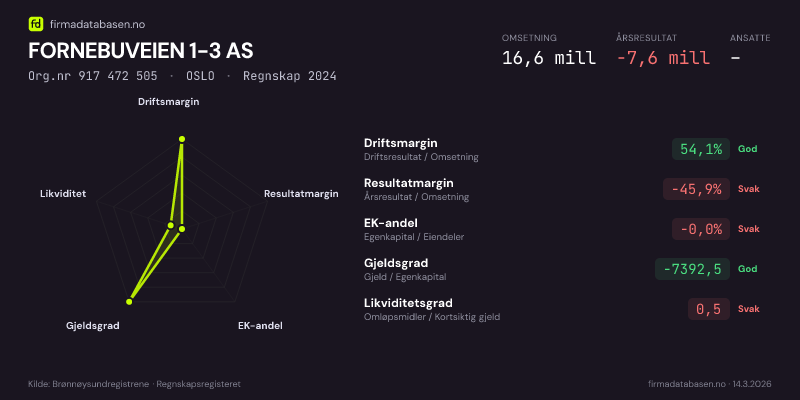 Økonomisk helseprofil for FORNEBUVEIEN 1-3 AS (Org.nr 917 472 505) i OSLO. Omsetning 16,6 mill, årsresultat −7,6 mill, driftsmargin 54,1 %, resultatmargin -45,9 %, EK-andel -0,0 %, gjeldsgrad -7392,5, likviditetsgrad 0,5. Regnskap 2024. Kilde: firmadatabasen.no