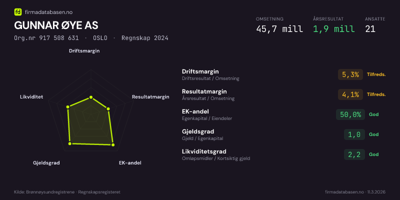 Økonomisk helseprofil for GUNNAR ØYE AS (Org.nr 917 508 631) i OSLO. Omsetning 45,7 mill, årsresultat 1,9 mill, driftsmargin 5,3 %, resultatmargin 4,1 %, EK-andel 50,0 %, gjeldsgrad 1,0, likviditetsgrad 2,2. Regnskap 2024. Kilde: firmadatabasen.no