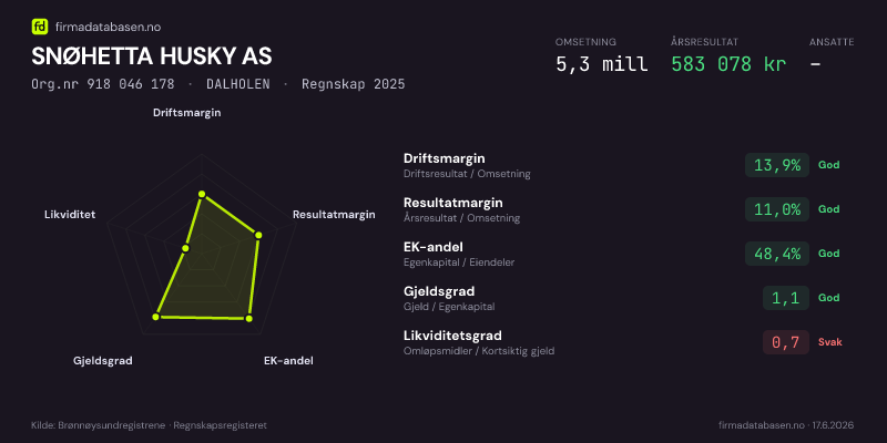 Økonomisk helseprofil for SNØHETTA HUSKY AS (Org.nr 918 046 178) i DALHOLEN. Omsetning 5,3 mill, årsresultat 583 078 kr, driftsmargin 13,9 %, resultatmargin 11,0 %, EK-andel 48,4 %, gjeldsgrad 1,1, likviditetsgrad 0,7. Regnskap 2025. Kilde: firmadatabasen.no