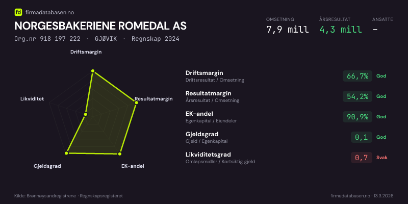 Økonomisk helseprofil for NORGESBAKERIENE ROMEDAL AS (Org.nr 918 197 222) i GJØVIK. Omsetning 7,9 mill, årsresultat 4,3 mill, driftsmargin 66,7 %, resultatmargin 54,2 %, EK-andel 90,9 %, gjeldsgrad 0,1, likviditetsgrad 0,7. Regnskap 2024. Kilde: firmadatabasen.no
