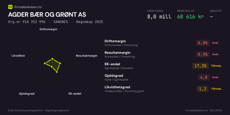 Økonomisk helseprofil for AGDER BÆR OG GRØNT AS (Org.nr 918 352 996) i SANDNES. Omsetning 8,0 mill, årsresultat 68 616 kr, driftsmargin 0,8 %, resultatmargin 0,9 %, EK-andel 17,3 %, gjeldsgrad 4,8, likviditetsgrad 1,2. Regnskap 2025. Kilde: firmadatabasen.no